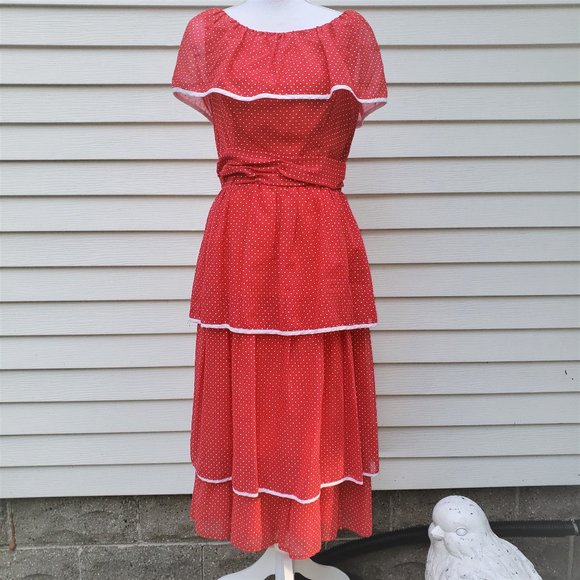 Miss Elliette Dresses & Skirts - Vintage 70s Polka Dot Off Shoulder Ruffle Dress